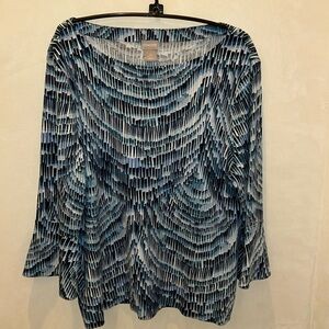 Chico’s Blue Wave Print 3/4 Bell Sleeve Top EUC